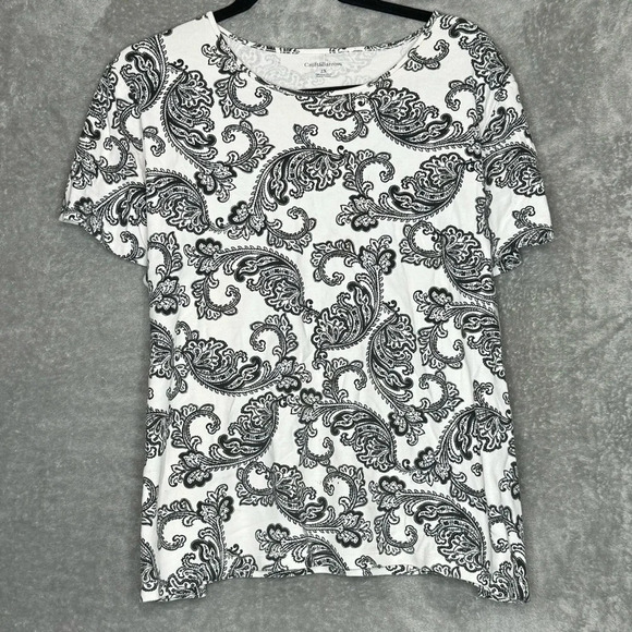 croft & barrow Tops - Croft & Barrow 2X Shirt Top Black White Paisley Short Sleeve‎ Round Neck Cotton